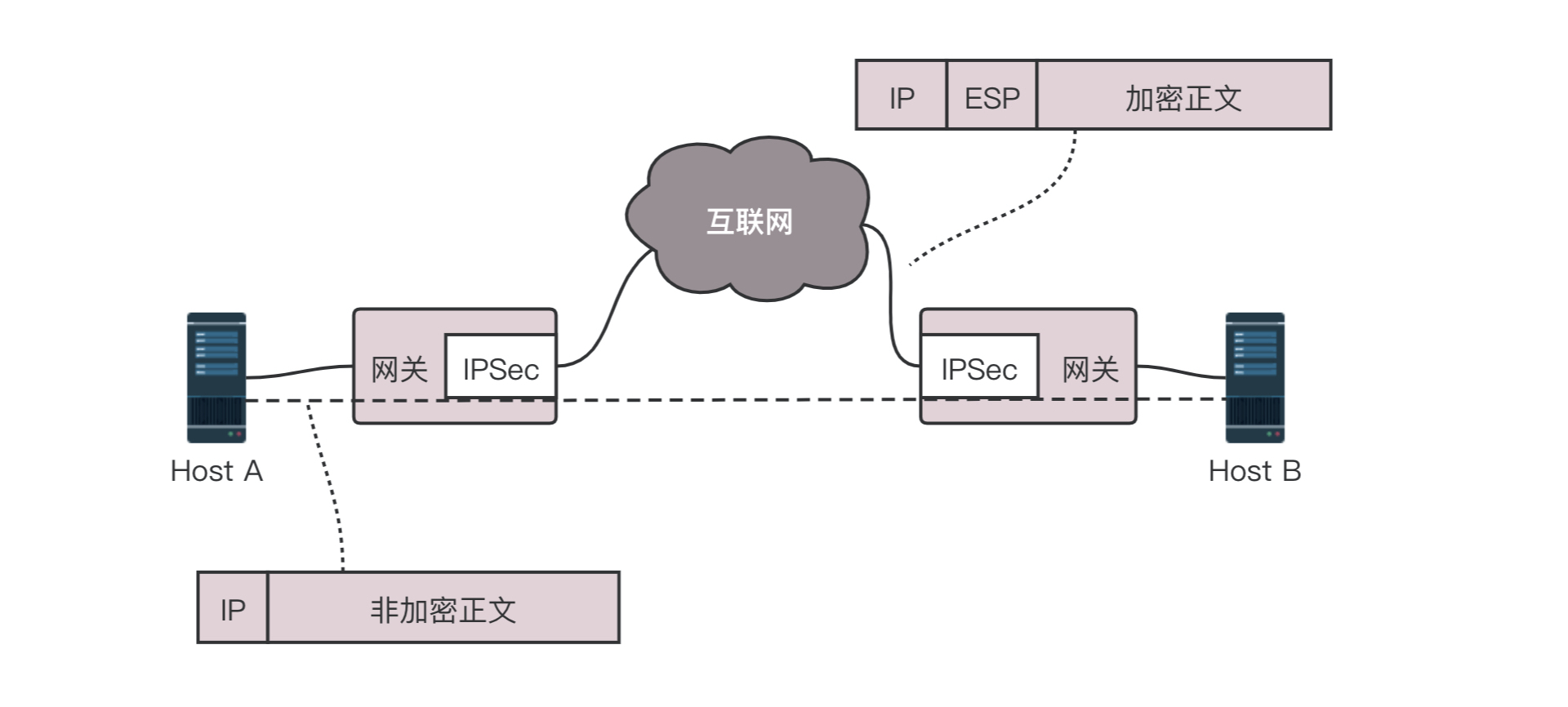 客户端发送的明文的 IP 包，都会被加上 ESP 头和 IP 头，在公网上传输